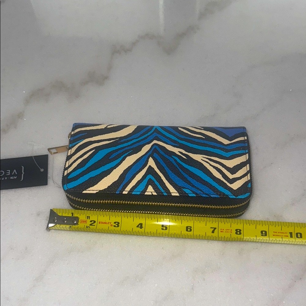 Blue and Black Patterned Women's Vegan Leather Wristlet